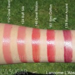 Lancome, L'Absolu Nu, swatches, 112 Coral Sand, 124 Buff Silk, 148 Coral Ribbon, 161 Red Chiffon, 179 Rose Accent, KarlaSugar, Karla Sugar