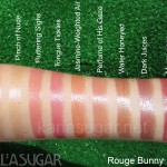 Rouge Bunny Rouge, swatches, Dazzling Sip, Shimmering Luxe Balm, Succulence of Dew, Sheer Lipstick, Sip of Pink, Pinch of Nude, Fluttering Sighs, Tongue Tickles, Jasmine-Weighted Air, Perfume of His Gaze, Water Honeyed, Dark Juices, Murmurings, KarlaSugar, Karla Sugar