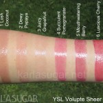 YSL, Volupte Sheer Candy, swatches, Lush Coconut, Dewy Papaya, Juicy Grapefruit, Succulent Pomegranate, Mouthwatering Berry, Luscious Cherry, KarlaSugar, Karla Sugar