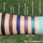 YSL, Waterproof Eyeliner, swatches, 1, Black Ink, 2, Patent Leather, 3, Ultramarine, 5, Shimmering Burgundy, Simmering Burgundy, 6, Amazon Green, 7, Absinthe Green, KarlaSugar, Karla Sugar