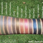 MAC, Semi Precious, mineralize eyeshadow, swatches, Mineral Mode, Unsurpassable, Jade's Fortune, Hint of Sapphire, Clarity, Golden Gaze, Faux Gold, Quartz Fusion, Rare Find, Blue Sheen, Dark Indulgence, Smoked Ruby, KarlaSugar, Karla Sugar