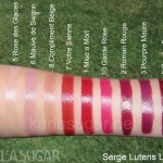 Serge Lutens, lipstick, swatches, 1 Mise a Mort, 2 Roman Rouge, 3 Pourpre Maure, 4 Or Frele, 5 Rose des Glaces, 6 Mauve de Swann, 7 Votre Sienne, 8 Compliment Beige, 9 Couvre Fou, 10 Garde Rose, KarlaSugar, Karla Sugar