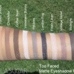 Too Faced, Matte Eyeshadow Palette, swatches, Tufted Suede, Chinchilla, Coffee Bean, Velveteen Bunny, Pebbles, London Fog, Fresh Linen, Vintage Violet, Midnight, KarlaSugar, Karla Sugar