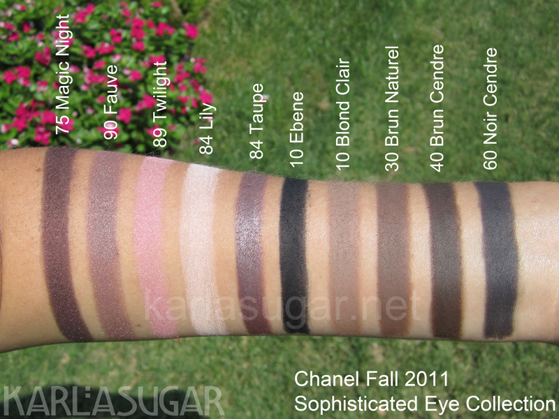 Chanel, Sophisticated Eye, swatches, Magic Night, Fauve, Twilight, Lily, Stylo Yeux, Taupe, Ebene, Crayon Sourcils, brow pencils, Blond Clair, Brun Naturel, Brun Cendre, Noir Cendre, KarlaSugar, Karla Sugar