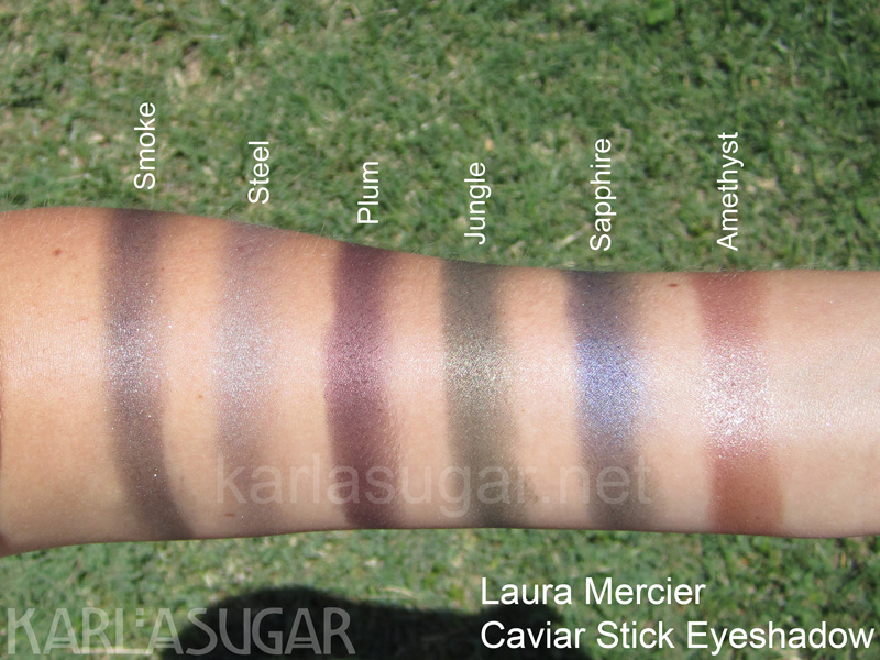Laura Mercier, Caviar Stick Eyeshadow, swatches, Smoke, Steel, Plum, Jungle, Sapphire, Amethyst, KarlaSugar, Karla Sugar