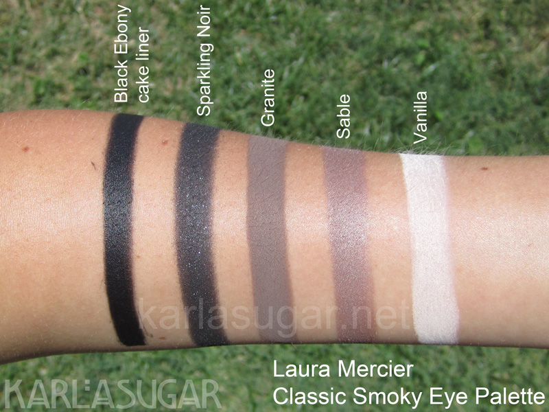 Laura Mercier, Smoky Eye Palette, swatches, Black Ebony cake eyeliner, Sparkling Noir, Granite, Sable, Vanilla, KarlaSugar, Karla Sugar