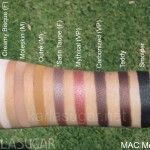 MAC Me Over, MAC Basics, swatches, Creamy Bisque, Moleskin, Outre, Satin Taupe, Mythical, Carbonized, Teddy, Smolder, KarlaSugar, Karla Sugar