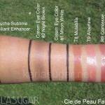 Cle de Peau, fall 2011, La Beaute Inherente, swatches, Touche Sublime Brilliant Enhancer, Cream Eye Color, 1 Moon White, 2 Night Brown, T8, T9, R9, Comtesse du Cayla, Mutabilis, Albertine, KarlaSugar, Karla Sugar