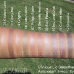 Clinique, Lid Smoothie, cream eyeshadow, swatches, 01 Bit O' Honey, 02 Cashew Later, 03 Sassy-fras, 04 Gingerly, 06 Cute-cumber, 07 Pinkgo Biloba, 08 Seventh Heather, 09 Born Freesia, 10 Imprompt-blue, 11 Currant Affair, 12 Lick-orice, 13 Salt and Pepper, KarlaSugar, Karla Sugar