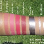 Shu Uemura, fall 2011, Novadiva, swatches, Brilliant Gold, Darling Beige, Angelic Pink, Evil Pink, Alluring Brown, Coquettish Brown, Comet Silver, KarlaSugar, Karla Sugar