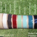 Nubar, fall 2011, Polished Chic, swatches, Classic Camel, Faded Putty, Edgy Umber, Beguiling Carmine, Vogue Vert, Mod Aqua, Stylish Peacock, Elegant Indigo, KarlaSugar, Karla Sugar