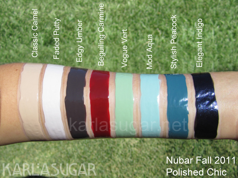 Nubar, fall 2011, Polished Chic, swatches, Classic Camel, Faded Putty, Edgy Umber, Beguiling Carmine, Vogue Vert, Mod Aqua, Stylish Peacock, Elegant Indigo, KarlaSugar, Karla Sugar