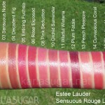Estee Lauder, Sensuous Rouge, lipstick, swatches, Sultry Caramel, Sensuous Nude, Decadent Fig, Enticing Fuchsia, Rose Exposed, Pink Seduction, Orchid Surrender, Wistful Wisteria, Plum Fatale, Peach Pleasure, Curvaceous Coral, Cheating Heart, KarlaSugar, Karla Sugar