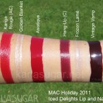 MAC, holiday 2011, Glitter and Ice, Iced Delights, swatches, Lip and Nail Bags, Kanga Rouge, Golden Blanket, Asiatique, Hang-Up, Frozen Lame, Vintage Vamp, KarlaSugar, Karla Sugar