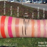 Bobbi Brown, Neons and Nudes, Lip Color, swatches, Atomic Orange, Neon Pink, Uber Beige, Citrus, Cosmic Pink, Ultra Violet, Ink Liner, KarlaSugar, Karla Sugar