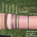 Laura Mercier, spring 2012, Lingerie collection, swatches, Eye and Cheek Palette, Buff Pearl, Tawny Apricot, Rich Cocoa, Pale Pink, African Violet, Black Plum, Rose Desire, Fresh Peach, KarlaSugar, Karla Sugar