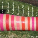 MAC, Iris Apfel, lipstick, swatches, Pink Pigeon, Scarlet Ibis, Party Parrot, Flamingo, Morange, Entertain Me, Embrace Me, Redd, KarlaSugar, Karla Sugar