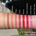 NARS, Larger Than Life Lipgloss, swatches, Spring Break, Gold Digger, Tiber, Odalisque, Piree, Como, Norma, Place Vendome, Coeur Sucre, Born This Way, KarlaSugar, Karla Sugar