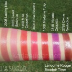 Lancome, Rouge in Love, swatches, Boudoir Time, 200B Lasting Kiss, 307B Sweet Embrace, 146B Miss Coquelicot, 340B Rose Boudoir, 156B Madame Tulip, 381B Violette Coquette, 278B Divine Seduction, KarlaSugar, Karla Sugar