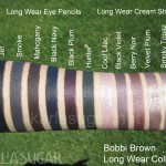 Bobbi Brown, Long Wear, swatches, eye pencils, pencil eyeliner, Jet, Smoke, Mahogany, Black Navy, Black Plum, Hunter, Cream Shadow, Cool Lilac, Black Violet, Berry Noir, Velvet Plum, Smoky Topaz, KarlaSugar, Karla Sugar