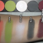 MAC, swatches, pro eyeshadow, Blue Calm, Coral, Lime, Vellum, Soot, Deep Damson, Indian Ink