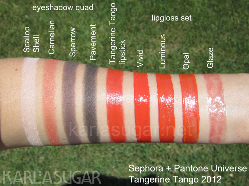 Sephora, Pantone Universe, 2012, Tangerine Tango, swatches, eyeshadow quad, Scallop Shell, Carnelian, Sparrow, Pavement, lipstick, lipgloss, Vivid, Luminous, Opal, Glaze, KarlaSugar, Karla Sugar