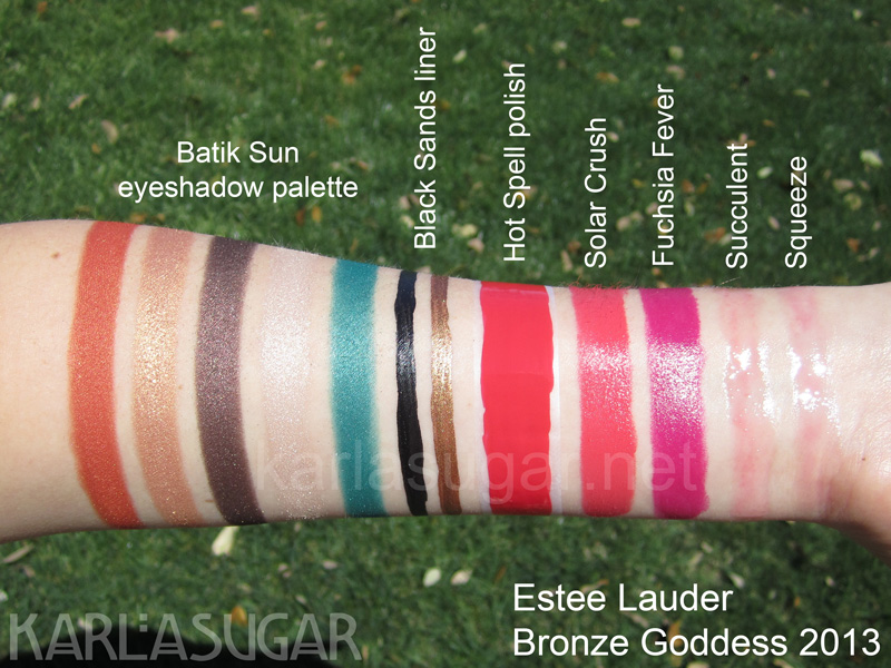 Estee Lauder, Bronze Goddess 2013, swatches, Batik Sun, eyeshadow quint, liquid eyeliner, Black Sands, nail polish, Hot Spell, lipstick, Solar Crush, Fuchsia Fever, Sheer Roller Gloss, Squeeze, Succulent, KarlaSugar, Karla Sugar