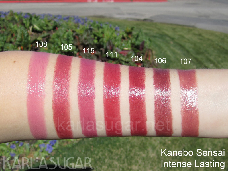 Kanebo Sensai, Intense Lasting lipstick, swatches, 108 Sakura Kasane, 105 Momo Kasane, 115 Iwatsutsuji, 111 Kabasakura, 104 Kurenainihohi, 106 Matsu Kasane, 107 Urayamabuki, KarlaSugar, Karla Sugar