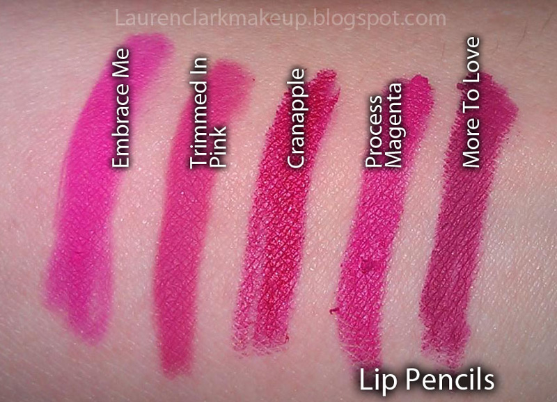 MAC, lipliner swatches, Embrace Me, Trimmed in Pink, Cranapple, Process Magenta, More to Love