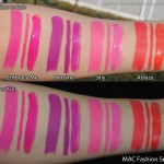 MAC, Fashion Sets, 2013, swatches, lipstick, lipgloss, Lipglass, lip liner, lip pencil, lipliner, Embrace Me, Heroine, Silly, Ablaze