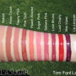 Tom Ford, lipgloss, swatches, Naked, Rose Crush, Tawny Pink, Pink Guilt, Peach Absolut, Sugar Pink, Sahara Pink, Love Bruise, Lost Cherry, Wet Violet, Lip Lacquer, KarlaSugar, Karla Sugar